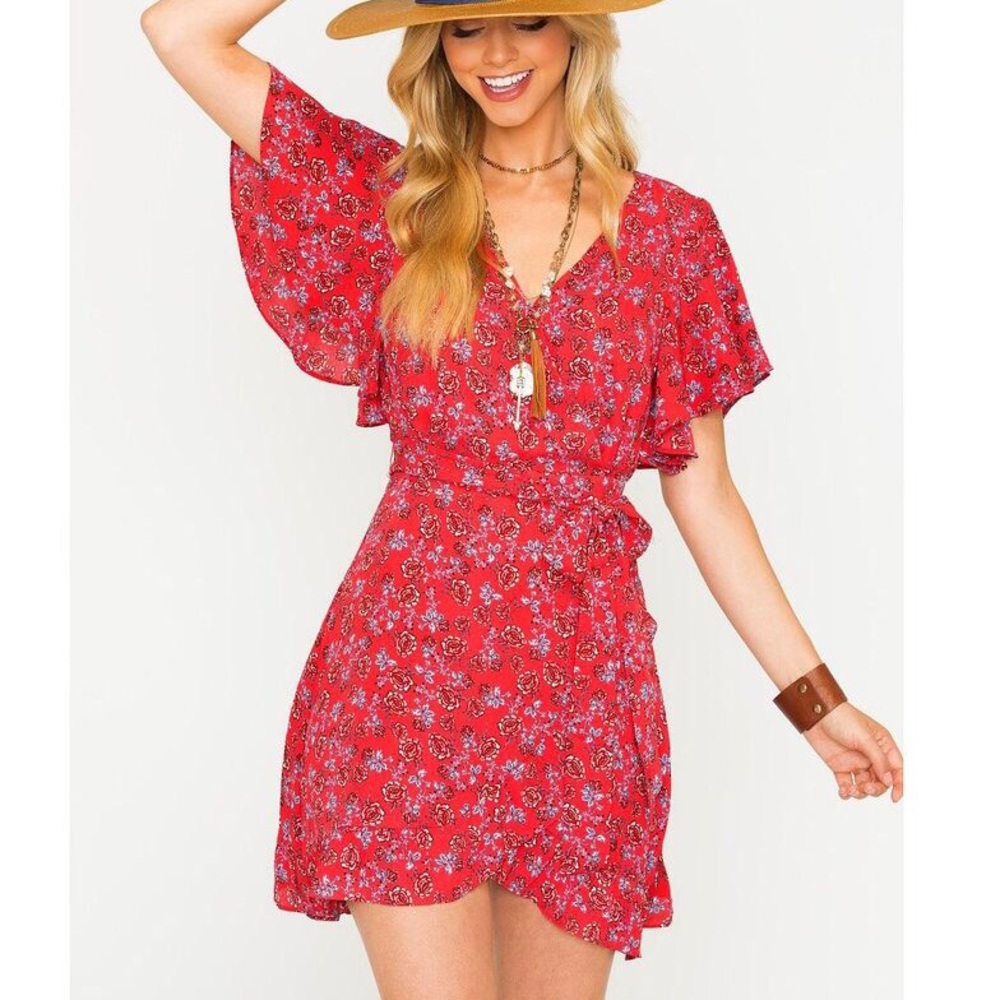NWT jack bb Dakota ruby red floral wrap dress blue